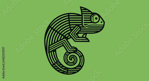 Stylized chameleon illustration with intricate line patterns.