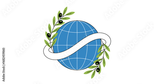 Global Unity Symbol Featuring an Earth Globe, Olive Branches, and a Ribbon, Ideal for World Peace, International Cooperation, and Environmental Advocacy
