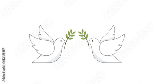 Two White Doves Carrying Olive Branches Symbolizing Peace and Harmony for Global Unity and Hope, perfect for Peace Campaigns, Religious Events, or Social Justice Initiatives.