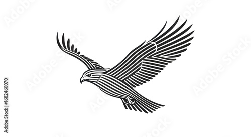 Stylized Eagle in Flight Black and White Line Art.