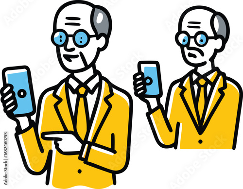 Vector art of senior man in suit holding smartphone