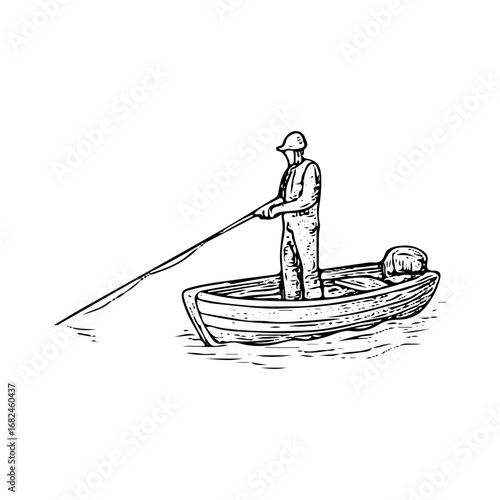 Vintage Engraving of Fisherman in Boat, Detailed Fishing Scene Drawing