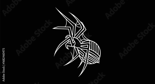 Stylized White Spider on Black Background.