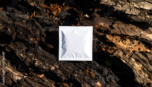 Focused composition showing a white square sachet mockup for a balm or cosmetic product, resting on a rustic, charred wood background in direct sunlight