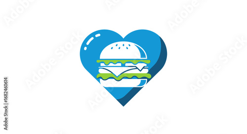 Heart-shaped icon with a delicious burger inside symbolizing love for fast food.