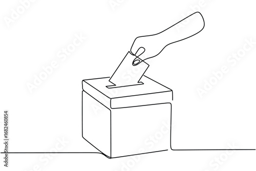 Hand casting a vote into a ballot box in a simple line drawing