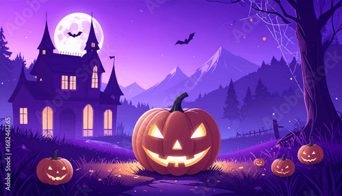 Creepy haunted castle view. Spooky pumpkins in the dark. Haunted night Halloween art. Jack o lantern glowing face. Halloween bats and pumpkins. Spooky castle full moon sky