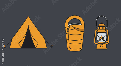 Camping Gear Collection - Tent, Sleeping Bag, Lantern, Backpack
