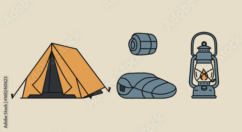 Camping Gear Collection - Tent, Sleeping Bag, Lantern, Backpack