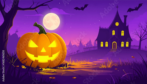 Halloween eerie night scene. Haunted forest Halloween art. Creepy pumpkin Halloween glow. Scary night haunted mansion. Halloween spooky night view. Haunted castle with pumpkins