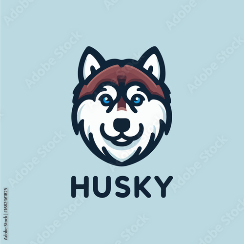 Husky dog logo design with a smiling face on a light blue background.