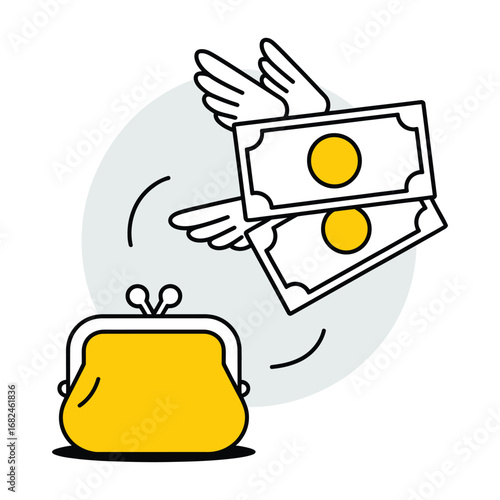Money Flying Away from Wallet Icon Illustration: A Symbol of Expenses, Spending, and Financial Loss in Modern Design with Transparent Background