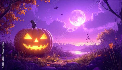 Cozy Halloween pumpkin in the moonlight. Spooky landscape with glowing pumpkins. Moonlit pumpkin patch with eerie vibe. Halloween pumpkins with magical light. Vibrant pumpkin in eerie landscape