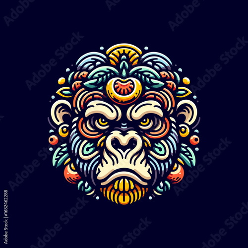 Intricate and Colorful Gorilla Head Illustration Design.