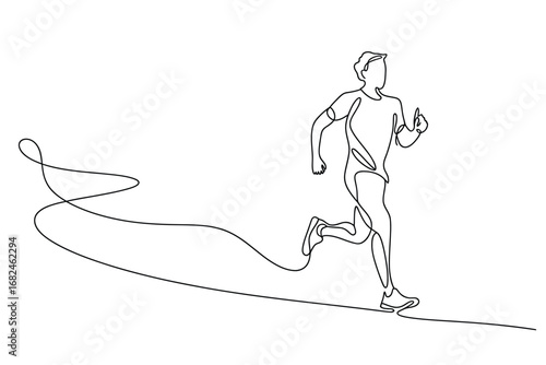 Continuous line drawing of a man running with a wavy trail