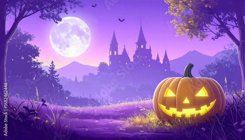 Full moon with pumpkin and castle. Halloween night with glowing pumpkin. Spooky trees and glowing pumpkins. Pumpkin carved in spooky style. Full moon shining on Halloween pumpkins