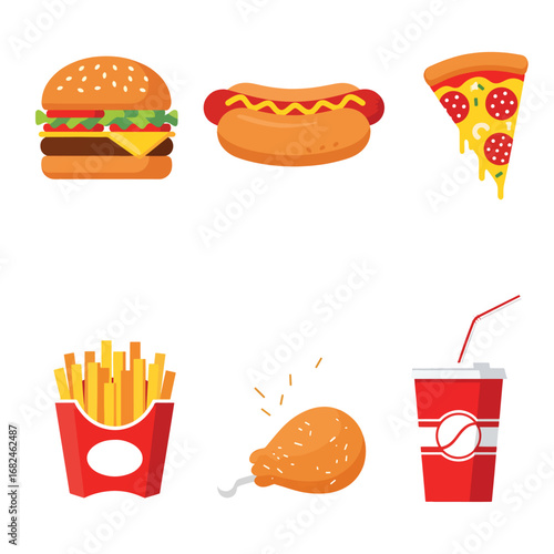 Collection of six popular fast food meal icons. Vector clip art set with hamburger, hot dog, pizza, fries, chicken, and soda in a flat style