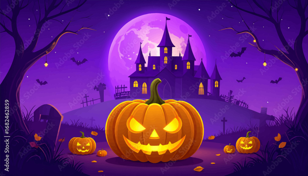 Fototapeta premium Spooky pumpkins and bats flying. Halloween pumpkin surrounded by trees. Spooky night with haunted house and pumpkins. Full moon, pumpkins, and creepy atmosphere. Eerie Halloween scene with pumpkins