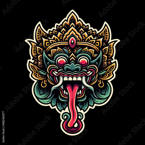 Intricate Balinese demon mask illustration with vibrant colors and details.