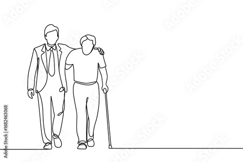 Young man supports elderly person with walking cane