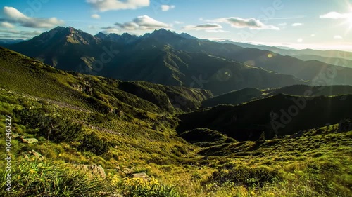 Mountainous landscape at sunrise