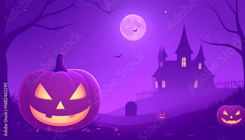 Dark Halloween night with pumpkins. Creepy pumpkins glowing in the night. Moonlit pumpkins and spooky house. Halloween pumpkins near spooky mansion. Glowing pumpkins on Halloween night