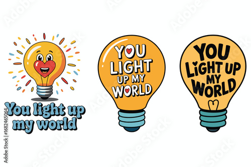 Cheerful lightbulb with heart and text yellow