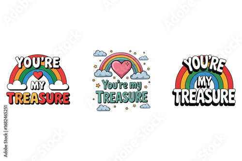 Rainbow heart clouds stars text vector