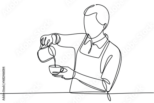 Barista pouring milk into coffee cup in continuous line drawing