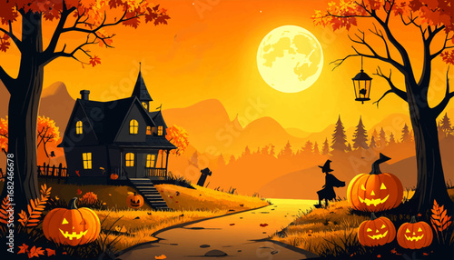 Scary Halloween night with bats. Spooky pumpkin patch with bats. Full moon and Halloween scenery. Halloween pumpkins and haunted house. Creepy Halloween path with pumpkins