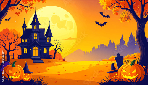 Halloween spooky house at night. Haunted house and pumpkins scene. Halloween moonlit spooky landscape. Eerie Halloween night with pumpkins. Autumn Halloween with haunted house