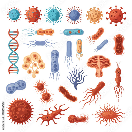 Vibrant collection of diverse microscopic organisms including viruses and bacteria, illustrating the vast world of pathogens and cellular structures in biological science