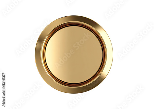 Gold circular medallion.  Detailed, polished gold ring encircles a smooth, golden center