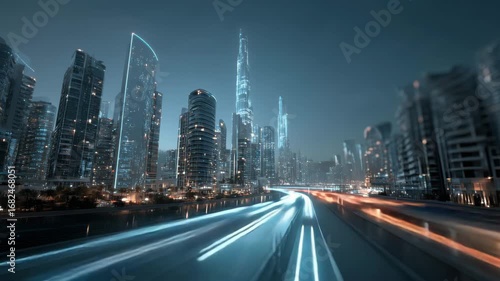 Experience the breathtaking beauty of Dubai's skyline illuminated at night. Tall buildings glow under the night sky as busy traffic flows along the highway, showcasing city life.