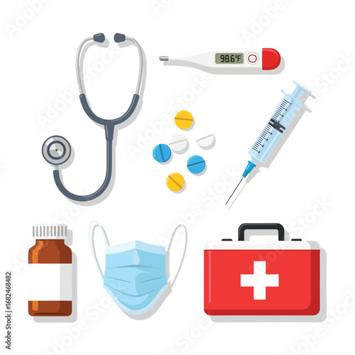 A comprehensive set of medical equipment icons including a stethoscope, syringe, and first aid kit. Vector illustration for healthcare and medicine concepts