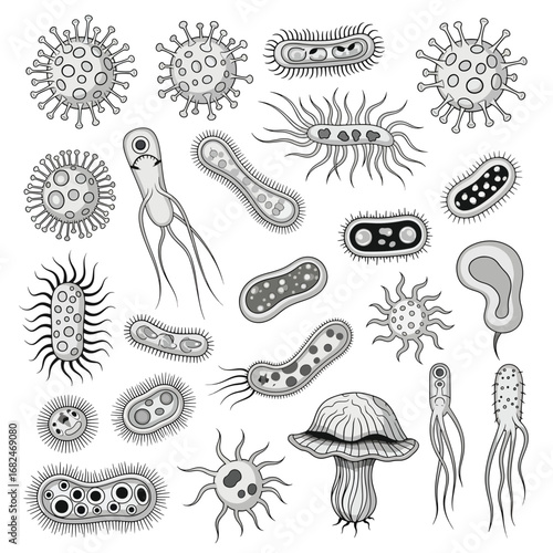 Collection of Various Microorganisms including Bacteria and Viruses Illustrated in Black and White Style