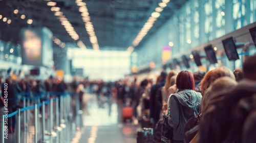Busy airport scene depicting travelers in line, showcasing the hustle and bustle of air travel during peak hours.