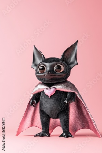 Cute cartoon bat superhero with a pink heart and cape standing against a pink background