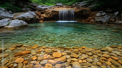 Serene Natural Scene: Small Waterfall into Clear Shallow Pool with Turquoise Water, Pebbles & Lush Green Trees