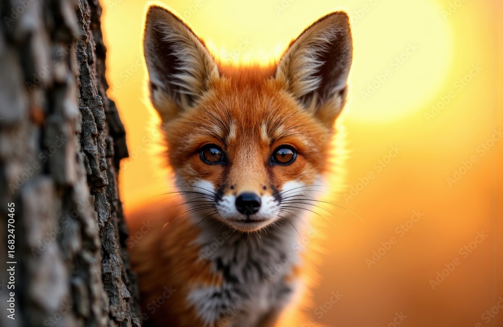 Fototapeta premium A curious fox peeks from behind a tree during sunset with warm golden light illuminating its face