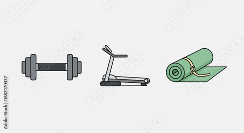 Gym equipment vector illustration featuring dumbbell treadmill and yoga mat for fitness and exercise design