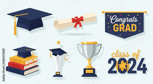 Celebrate graduation class of two thousand twenty four with cap diploma and trophy vector illustration