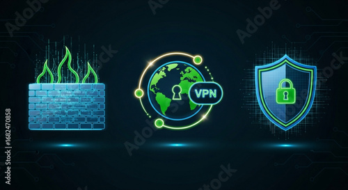 Cybersecurity network protection vpn firewall and data encryption for online privacy and security solutions