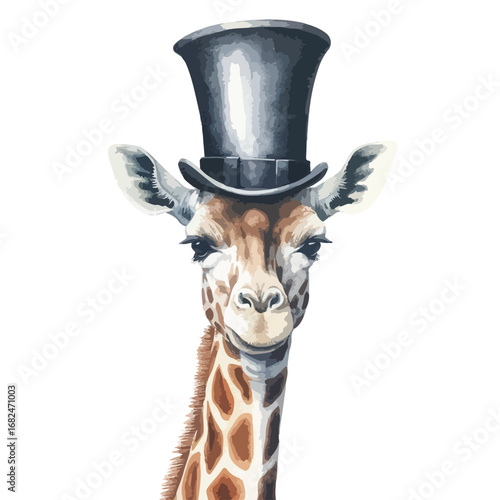 Elegant Giraffe Portrait in Top Hat Watercolor Style