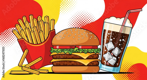 Delicious fast food combo burger french fries and soda vector illustration for restaurant menu design