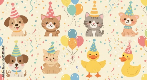 Cute Animals Party Pattern with Balloons and Confetti.