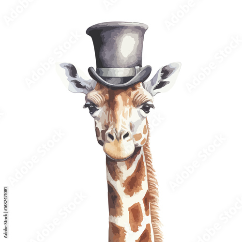 Elegant Giraffe Portrait Wearing a Stylish Top Hat Looking Directly at Viewer