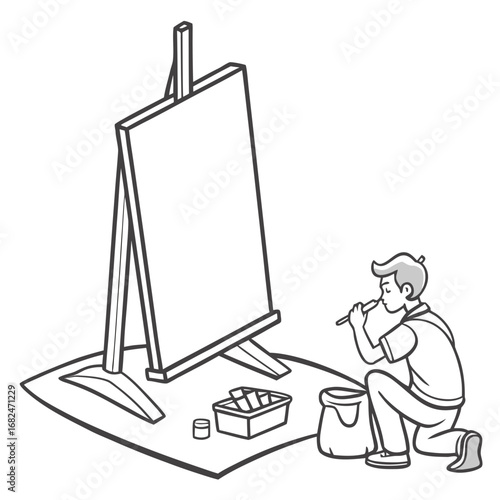 Artist painting on canvas with easel and supplies brush