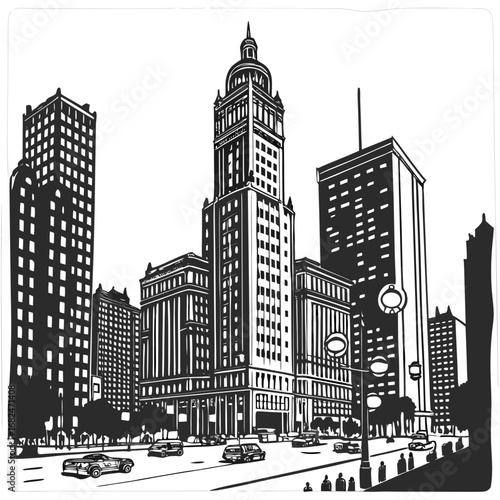 Black and white cityscape with tall buildings and cars skyscrapers street