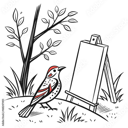 Bird observing a blank canvas on an easel outdoors nature